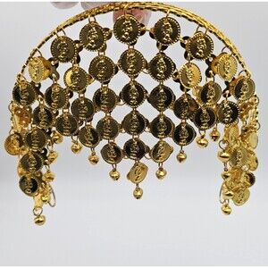 Belly Dancer Costume Dangling Coins Headpiece Goldtone Face Mask Halloween Play